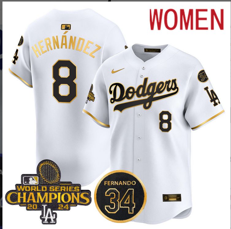 Women MLB Los Angeles Dodgers 8 Hernandez white 2024 World Series Champions Patch Limited Jersey style 3